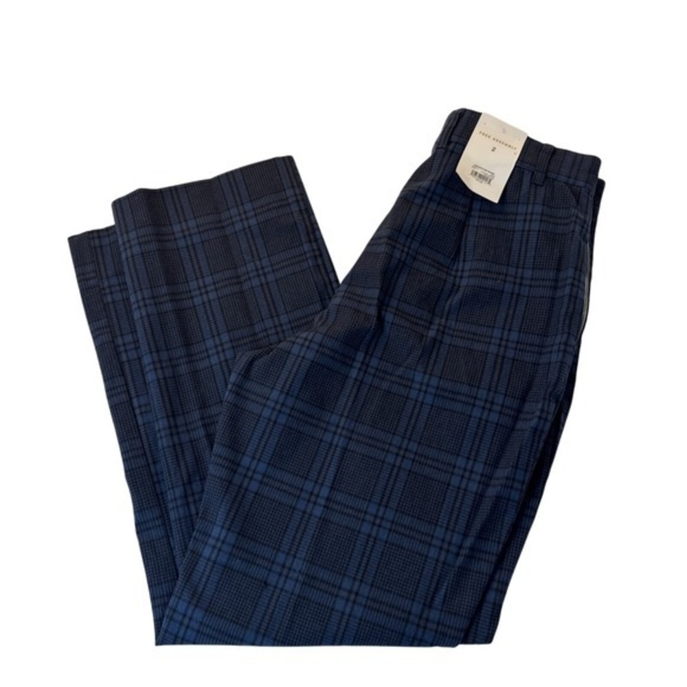 NWT Free Assembly Crop Kick Flare Trouser Women Size 2 Blue Plaid Cotton Stretch - Picture 3 of 15